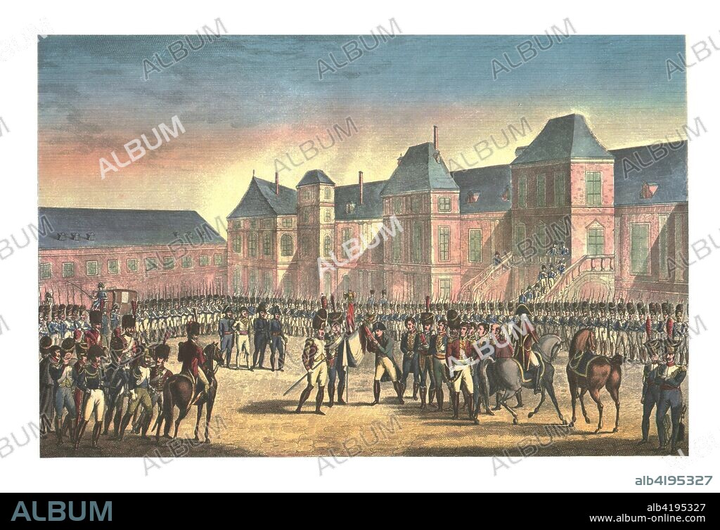 Napoleon's Departure from Fontainebleau, 20 April 1814, (c1850). The defeat at the Battle of Leipzig and the subsequent invasion of France by the Allies culminated in Napoleon's abdication on 11 April. By the Treaty of Fontainebleau he was exiled and granted sovereignty of the island of Elba. Print from a series depicting the campaigns of Napoleon I, published c1850.
