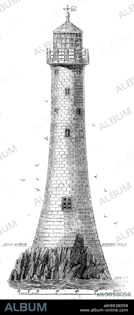 New Lighthouse on Bishop Rock, Scilly Islands, 1858. 'It is built upon the Bishop, one of the clusters of rocks on the west of the Scilly Islands...The rock is so narrow that it was necessary in one place to go down to the low water of the lowest spring tides in the open sea to get sufficient area of foundation. The building is of granite. The height of the light is 110 feet above high water. The design, details, and general superintendence were by Mr. Walker, engineer to the Corporation, assisted by his partners, Mr. Burges and Mr. Cooper; but these gentlemen ascribe the credit of the successful execution, without the loss of life or limb, to Mr. Nicholas Douglass, who has been the resident engineer from the commencement. The lantern - which is fourteen feet diameter, of gun metal - and a catadioptric apparatus, of the first order, were furnished by Messrs. Wilkins and Co., Long-acre...The Bishop Rock light, which burns from sunset to sunrise, is a fixed bright dioptric light...illuminating the entire circle, and is visible in clear weather at a distance of about fourteen miles'. From "Illustrated London News", 1858.