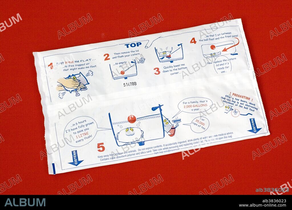 Placing water hippo save-a-flush bags, provided free by Severn Trent Water, UK, in a toilet cistern helps conserve water, saving one liter each time the toilet is flushed. Shown here are the instructions on the back of the bag.