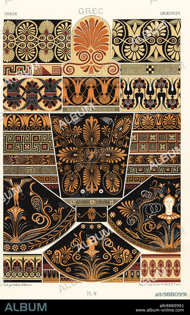 Ancient Greek art. Painted antifixae from the Temple of Jupiter, Aegina 1, terracotta ornaments from Athens 2-4, paintings on vases 5-12, ova of ogee 13-16, paintings from Apuleian vases 17-20, and fretwork or meanders 21-30.. Hand-finished chromolithograph by Dufour & Mathieu from Albert-Charles-Auguste Racinets LOrnement Polychrome, (Polychromatic Ornament), Firmin-Didot, Paris, 1869-73.