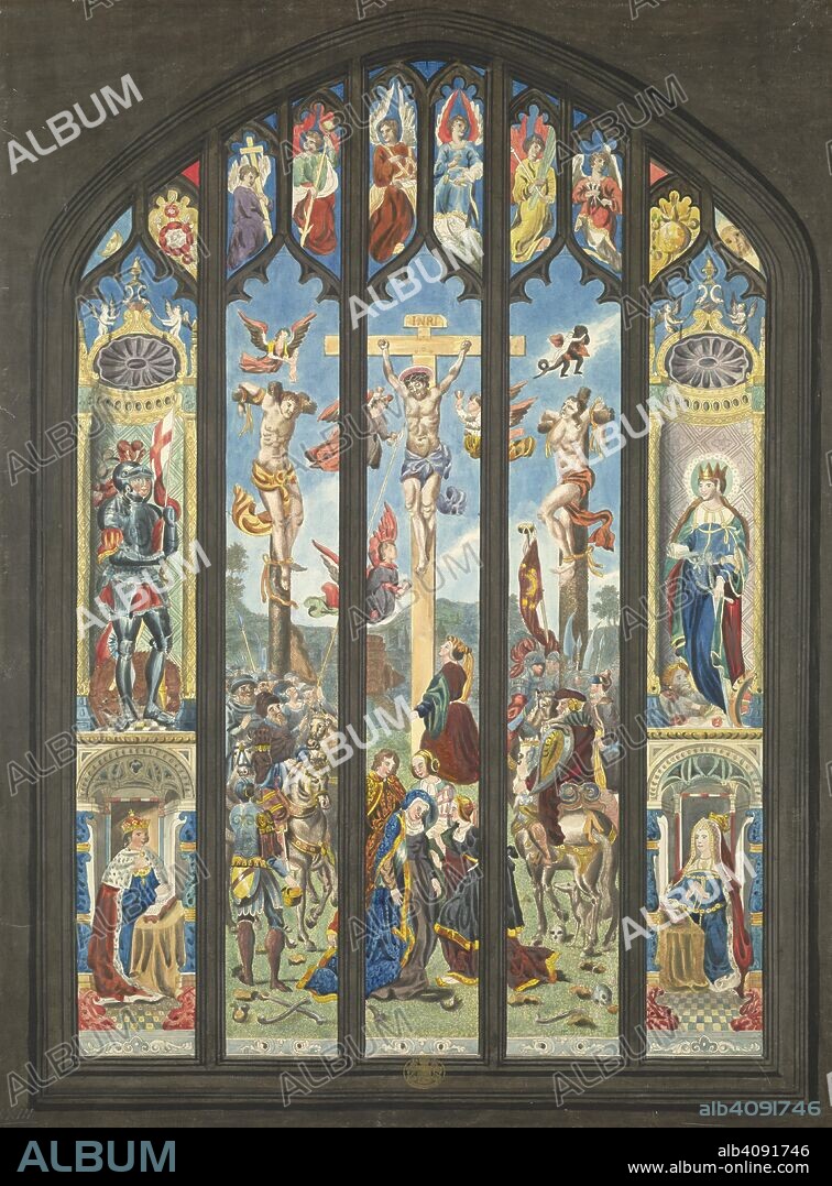 The stained-glass east window; in the left panels Henry VII and above him St George, and in the right panels queen Elizabeth and St Katharine; the centre panels depict the Crucifixion. The Great East Window of the Parish Church of St Margaret in Westminster. 1787. Etching with hand-colouring. Source: Maps K.Top.23.24.g. Language: English.
