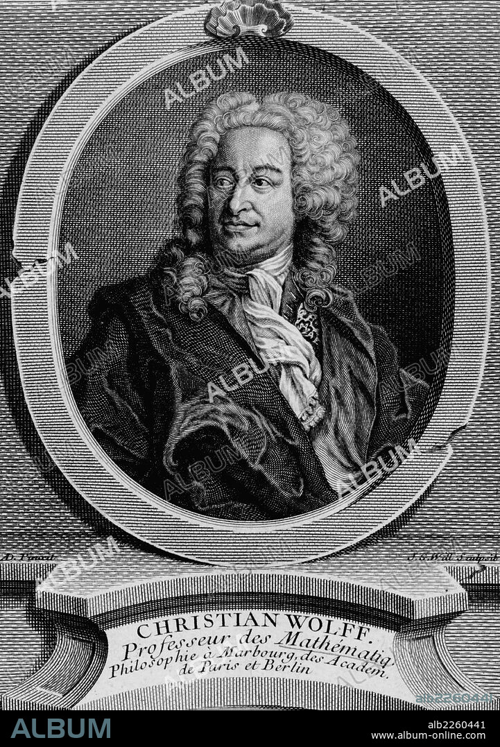 Christian Wolff or Wolf or Wolfius (1679 - 1754) German philosopher born in Breslau. Professor mathematics and natural philosophy at Halle University (1706 - 1723 and from 1740). Professor at Marburg University (1723 - 1740). engraving from "Icones Virorum" by Friedrich Roth - Scholtz (Nuremberg, 1725).