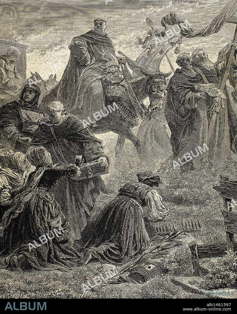 Johann Tetzel Selling Indulgences in Saxony. Tetzel (ca. 1460-1519), a Dominician monk, promoted the sale of indulgences to save peoples' souls in their afterlife. Colored engraving 1880.