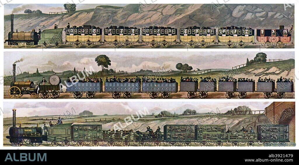 'Early railway Coaches', the Liverpool and Manchester Railway, England, 1831, (c1900-1920). The first steam locomotives with three different classes of railway travel: train of first class carriages with luggage on the roofs and Royal Mail carriages at the end; train of second class carriages with three third class trucks behind; train of cattle trucks. Illustration from Art History and Literature Illustrations, by Jessie Noakes, Virtue and Co, (London, c1900-1920).