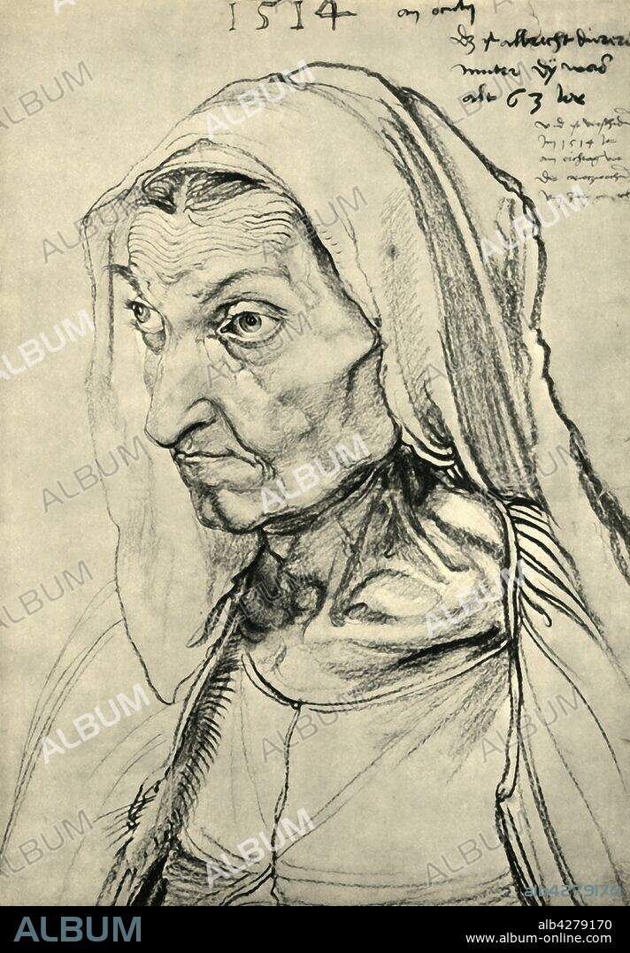 ALBERTO DURERO. Barbara Dürer, 1514, (1943). Portrait of Dürer's mother Barbara (née Holper, c1451-1514), made while she was gravely ill, two months before she died. Drawing in the Kupferstichkabinett, Staatliche Museen, Berlin. From "Europäische Handzeichnungen", (Five Hundred Years of European Drawings), by Bernhard Degenhart. [Atlantis-Verlag Berlin, Zürich, 1943].