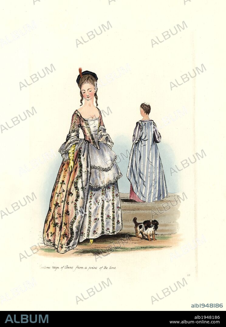 Female costume from the time of Queen Anne (1702-1714), from a contemporary print. She wears a tight bodice with long sleeves, long dress over petticoats, ell embroidered with roses. Handcolored engraving from "Civil Costume of England from the Conquest to the Present Period" drawn by Charles Martin and etched by Leopold Martin, London, Henry Bohn, 1842. The costumes were drawn from tapestries, monumental effigies, illuminated manuscripts and portraits. Charles and Leopold Martin were the sons of the romantic artist and mezzotint engraver John Martin (1789-1854).