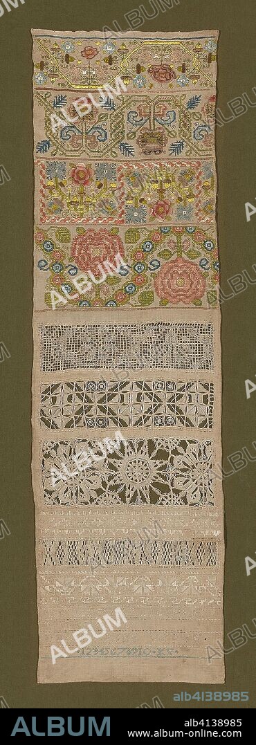 Sampler. Katherine Veren (English, active c. 1676); England. Date: 1676. Dimensions: 73.3 × 21.2 cm (28 7/8 × 8 3/8 in.)
Matted: 71.1 × 91.4 cm (28 × 36 in.). Linen, plain weave; bands of cut and drawn thread work in interlocking lace and Romanian stitches; bands of linen, needle lace of a type known as "Reticello"; and embroidered with silk in Algerian eye, hem, Montenegrin cross, running, double running, and satin stitches; buttonhole couching. Origin: England.