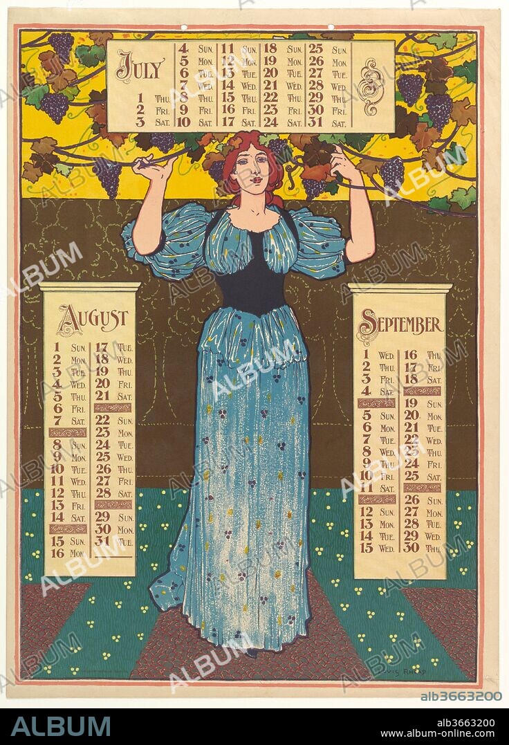 July, August, September. Artist: Louis John Rhead (American (born England), Etruria 1857-1926 Amityville, New York). Dimensions: Sheet: 19 3/16 × 13 3/4 in. (48.8 × 35 cm). Publisher: Louis Prang & Co. (Boston, Massachusetts). Date: 1896.