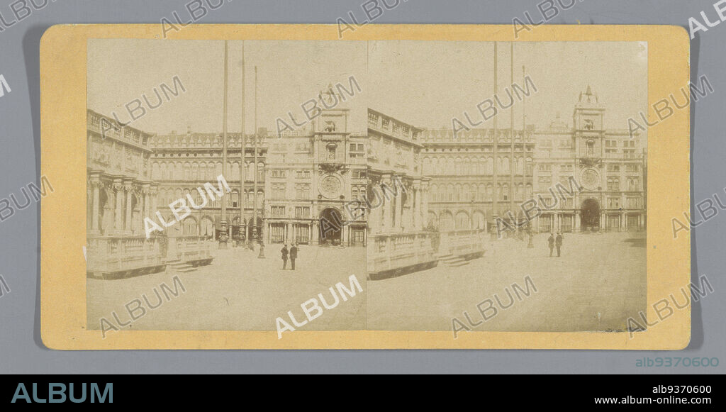 Loggetta del Sansovino and Torre dell'Orologio in St Mark's Square in Venice, C. Coen & Figlio (mentioned on object), San Marcoplein, c. 1860 - c. 1880, cardboard, albumen print, height 85 mm × width 170 mm.