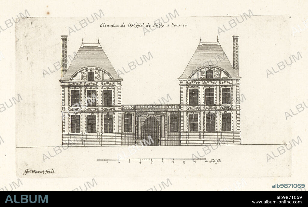 Elevation of the entrance to the Hotel de Sully, Paris, a Louis XIII-style grand house or hotel particulier at 62 rue Saint-Antoine, Marais, built in the 17th century by the architect Jean Androuet de Cerceau for financier Mesme Gallet. Elevation de l'Hotel de Sully a l'entree. Copperplate engraving drawn and engraved by Jean Marot from his Recueil des Plans, Profils et Elevations de Plusieurs Palais, Chasteaux, Eglises, Sepultures, Grotes et Hotels,Collection of Plans, Profiles and Elevations of Palaces, Castles, Churches, Tombs, Grottos and Hotels, chez Mariette, Paris, 1655.