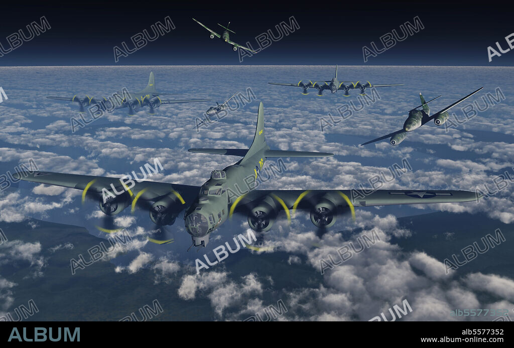 North American B-17 Flying Fortress bomber planes being attacked by German Me-262 fighter planes during World War II.