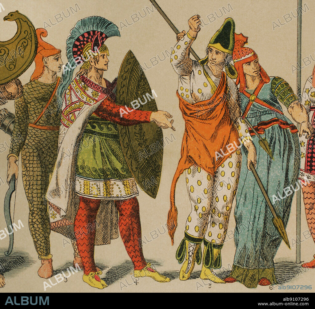 Peninsula Anatólica. Lidios y Frigios. De izquierda a derecha; 3: arco de uno o dos cuernos, 4: traje de príncipe, 5: traje de amazona, 6: traje de amazona estilo griego. Cromolitografía. "Historia Universal", por César Cantú. Tomo I, 1881.