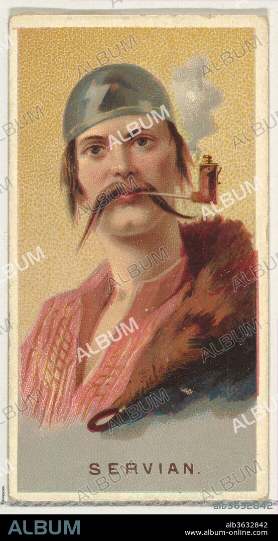 Serbian, from World's Smokers series (N33) for Allen & Ginter Cigarettes. Dimensions: Sheet: 2 3/4 x 1 1/2 in. (7 x 3.8 cm). Publisher: Issued by Allen & Ginter (American, Richmond, Virginia). Date: 1888.
Trade cards from the "World's Smokers" series (N33), issued in 1888 in a set of 50 cards to promote Allen & Ginter brand cigarettes. Printer's samples included in set, as well. The printer's sample cards are on thinner card stock and do not have any printed text.