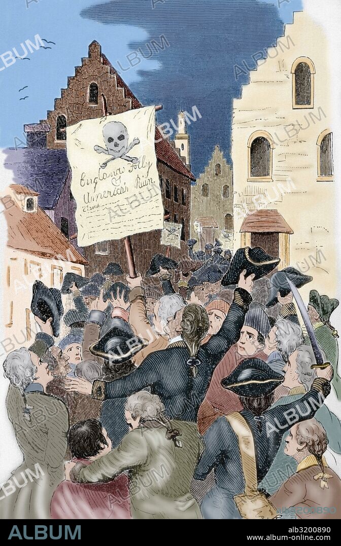 HISTORIA DE AMERICA. SIGLO XVIII. PROTESTAS POR LAS LEY DEL SELLO (STAMP ACT) DE 1765 en la ciudad de Nueva York, Ley del Parlamento Británico que supuso un impuesto directo para las trece colonias de la América Británica. Grabado. Siglo XIX. "The American Revolution". Coloreado.
