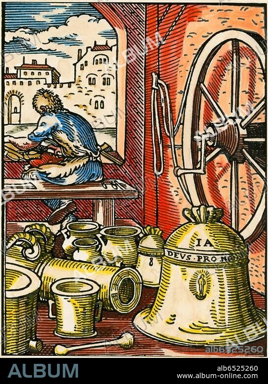 Amman, Jost 1539-1591. "Der Glockengiesser". Holzschnitt. Aus: " Eygentliche Beschreibung aller Staende ( ...)", Frankfurt a.M. 1568, mit Texten von Hans Sachs. Spätere Kolorierung.