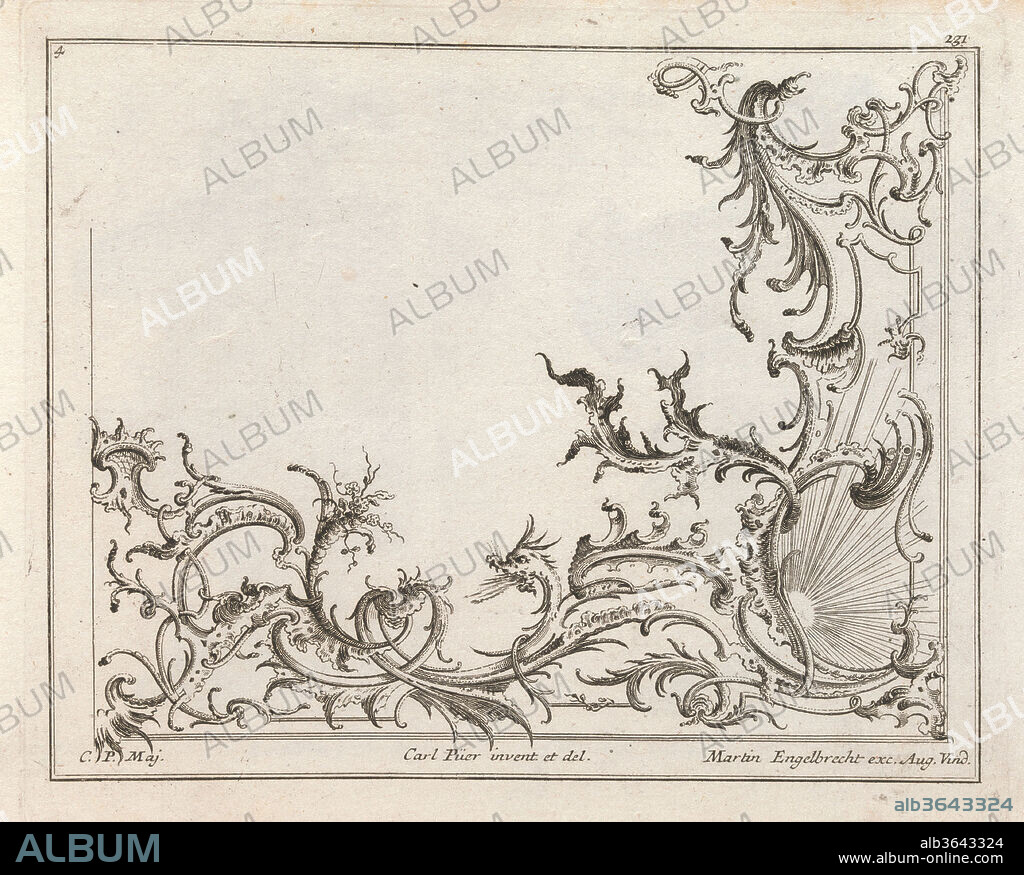 Design for the Decoration of the Lower Right Corner of a Ceiling, Plate 4 from: 'Unterschiedliche neü inventirte Decken oder Plafond.'. Artist: Carl Pier (German, active Augsburg, ca. 1750). Dimensions: Overall: 8 7/16 × 13 3/4 in. (21.5 × 35 cm). Publisher: Martin Engelbrecht (German, Augsburg 1684-1756 Augsburg). Date: Printed ca. 1750-56.
Ornament print with a design for the decoration of the lower right corner of a ceiling with thin elegant rocaille motifs, a small dragon and rays of the rising sun. This print is bound in an album containing 27 series with a total of 122 ornament prints from the fund of the prominent  Augsburg publisher Martin Engelbrecht.