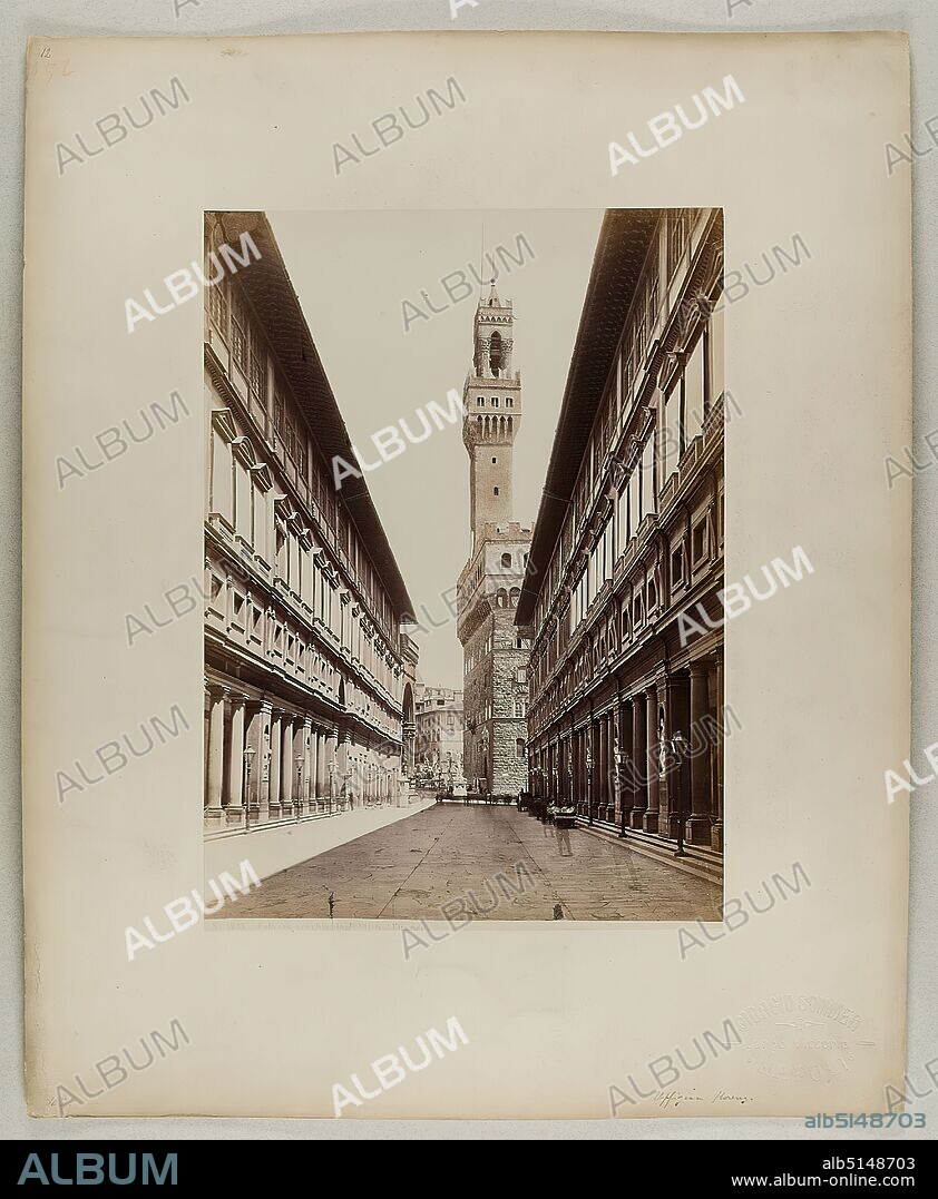 Giorgio Sommer, Palazzo Vecchio dagli Uffizi (Firenze), albumin paper, black and white positive process, image size: height: 19.80 cm; width: 24.70 cm, inscribed: recto u. exposed: 1173 CAPRI Marina; handwritten on the cardboard: Uffizi Florence, numbered: 105, inventory, travel photography, city, city view (veduta), hist. building, locality, street, architecture, city hall.