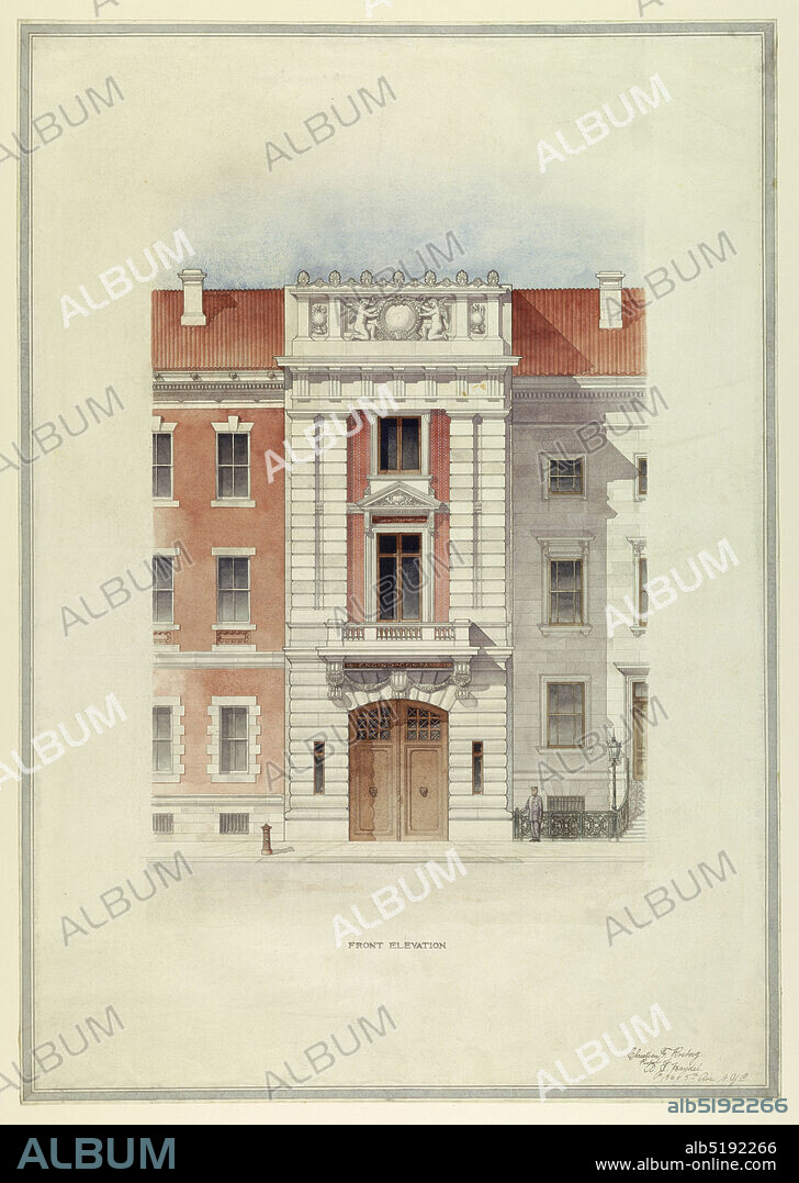 Design for a fire house: front elevation, Pen and ink, brush and watercolor on paper, Front elevation of a narrow three storey structure, flanked by two residences of the same height. Designed to house an engine company, it has two large doorways on the street floor, the large central pedimented window on the second floor, and the smaller window above, are enclosed between pairs of pilasters, which in turn support a classical entablature and sculptured relief., USA, ca. 1905, architecture, Drawing, Drawing.