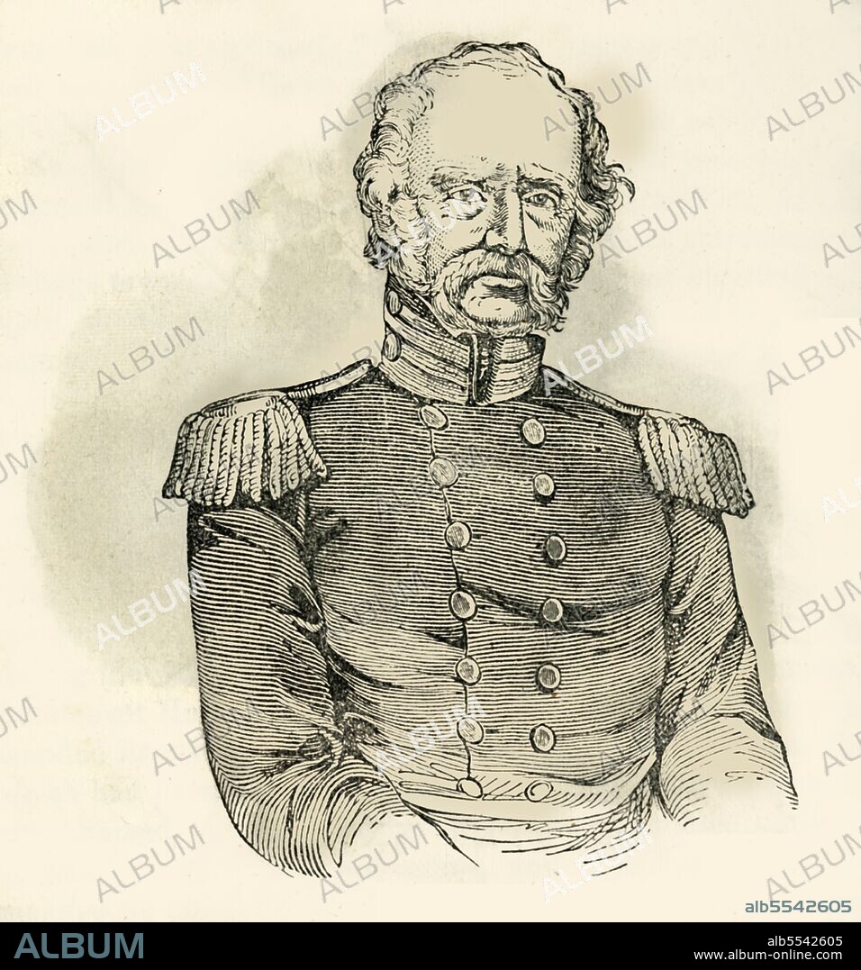 UNKNOWN. 'General Twiggs', 1849. American soldier David E. Twiggs served in the War of 1812, the Black Hawk War, and the Mexican-American War. From "Pictorial History of Mexico and the Mexican War", by John Frost, LL.D.. [Thomas, Cowperthwait and Co., Philadelphia, 1849].