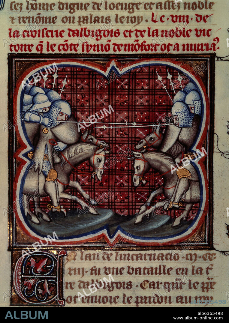 GRANDES CRONICAS DE FRANCIA (1375-1379) - BATALLA DE MURET (12-9-1213) - VICTORIA DE SIMON DE MONTFORT (1150-1218) SOBRE LOS ALBIGENSES.