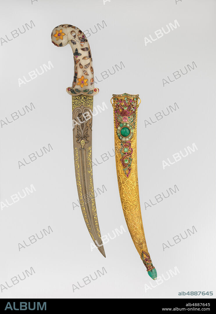 Dagger with Scabbard, blade and scabbard, Turkish; hilt, probably Indian, blade and scabbard, late 19th century; hilt, 18th century, blade and scabbard, Turkish; hilt, probably Indian, Steel, copper, nephrite, agate, gemstones, colored stones, gold, silver, L. 18 1/4 in. (46.4 cm); Dagger: L. 16 5/8 in. (42.2 cm); L. of blade 11 3/4 in. (29.8 cm); W. 3 1/2 in. (8.9 cm); Wt. 1 lb. 2 oz. (505 g); Scabbard: L. 13 1/4 in. (33.7 cm); Wt. of scabbard 8 oz. (229.6 g), Daggers.