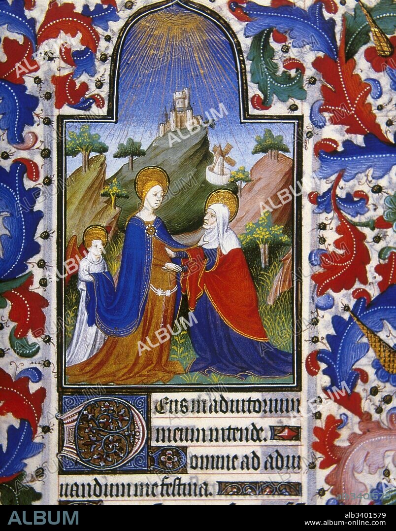 Nuevo Testamento. "La Visitación". La Virgen María visita a su prima Isabel, futura madre de Juan el Bautista. Miniatura de un Libro de Horas del siglo XIV. Museo Condé. Castillo de Chantilly. Francia.