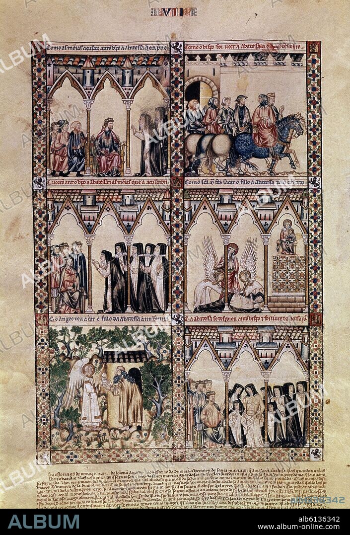 ALFONSO X DE CASTILLA EL SABIO. MTI1-CANTIGA STA MARIA Nº7-F14V-VIRGEN LIBRA A LA ABADESA PREÑADA QUE LLORA ANTE SU ALTAR-S XIII.