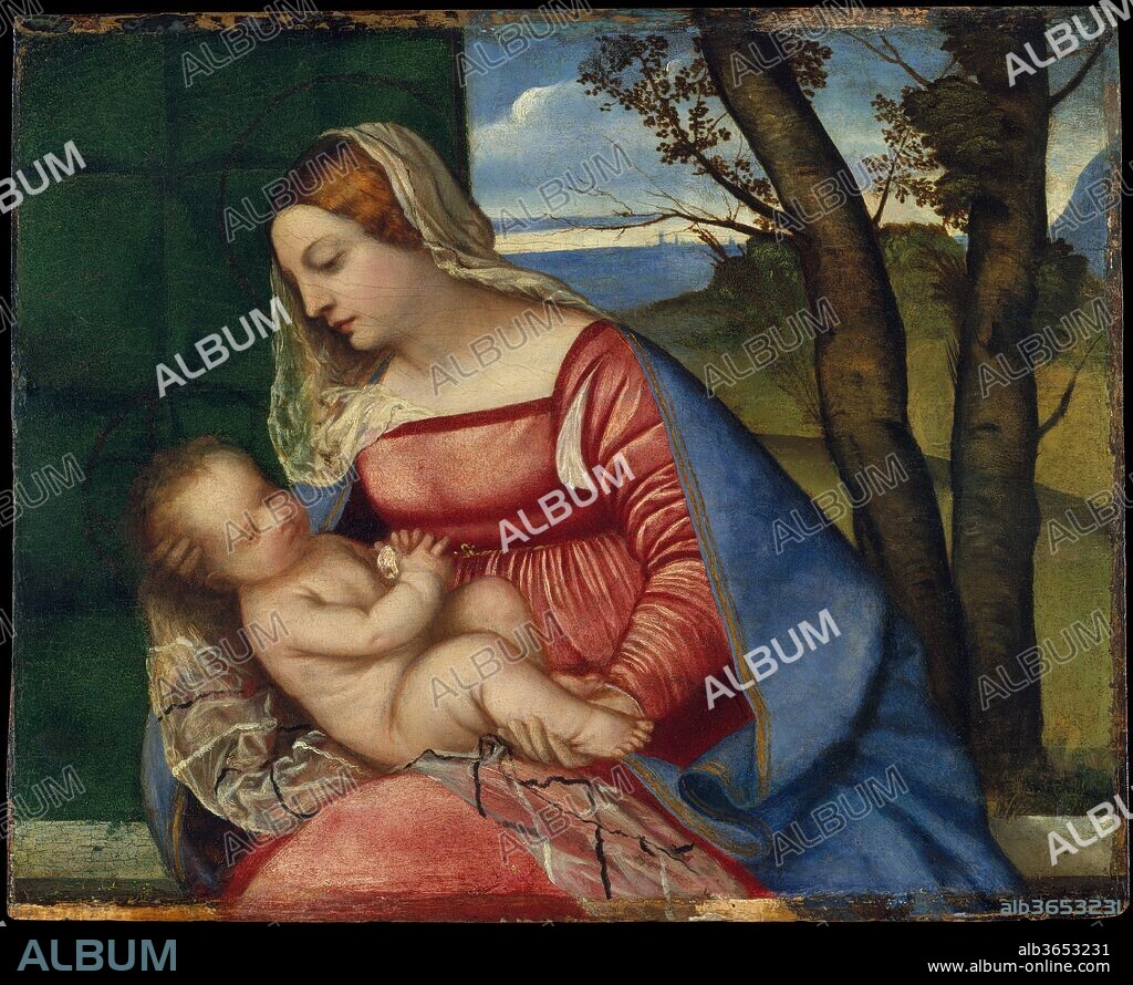 Madonna and Child. Artist: Titian (Tiziano Vecellio) (Italian, Pieve di Cadore ca. 1485/90?-1576 Venice). Dimensions: Overall 18 x 22 in. (45.7 x 55.9 cm); painted surface 17 x 21 1/2 in. (43.2 x 54.6 cm). Date: ca. 1508.
This is among the earliest devotional paintings of the Madonna and Child by Titian, dating to about 1508. Technical study has revealed that the artist first posed the figures sitting erect and in the center of the canvas, a composition closer to those by Giovanni Bellini. The final pose is more informal and suggests a tender rapport between the mother and child. The picture has been strongly cleaned in the past and has lost much of its delicacy of definition.