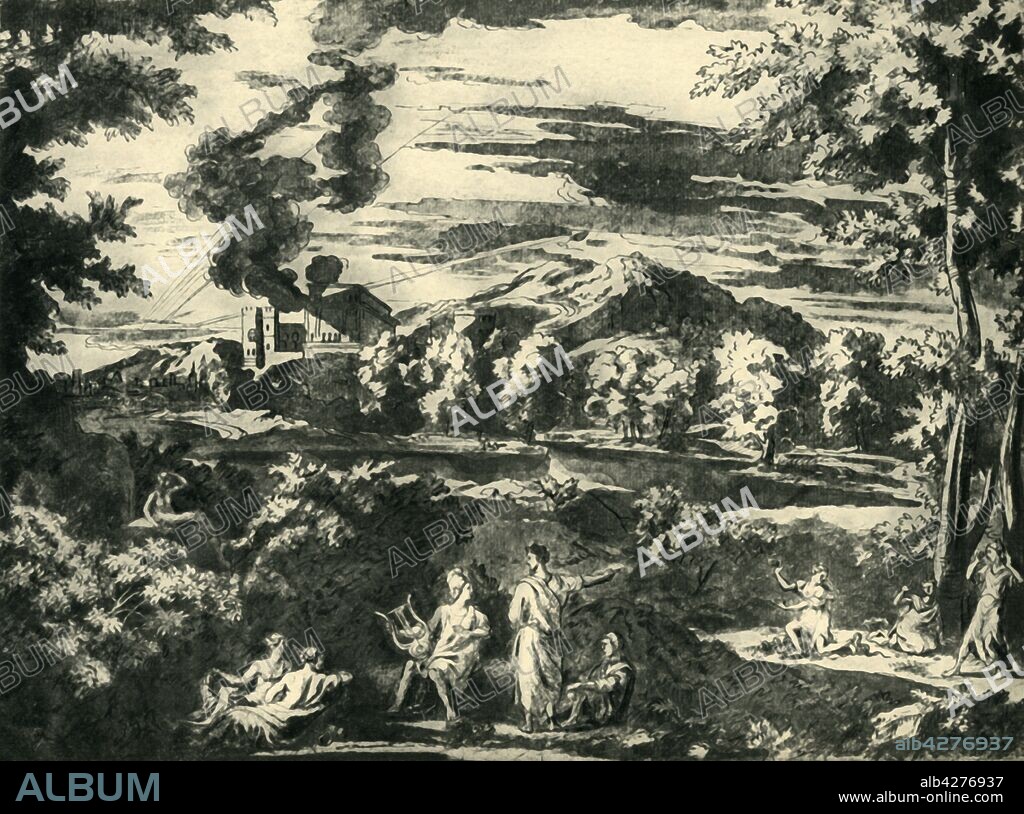 NICOLAS POUSSIN. Landscape with Orpheus and Eurydice, mid 17th century, (1943). In Greek mythology, the musician Orpheus (shown here with lyre) descended into the Underworld to bring his wife Eurydice back from the dead. Drawing in the Musée Condé, Chantilly, France. From "Europäische Handzeichnungen", (Five Hundred Years of European Drawings), by Bernhard Degenhart. [Atlantis-Verlag Berlin, Zürich, 1943].