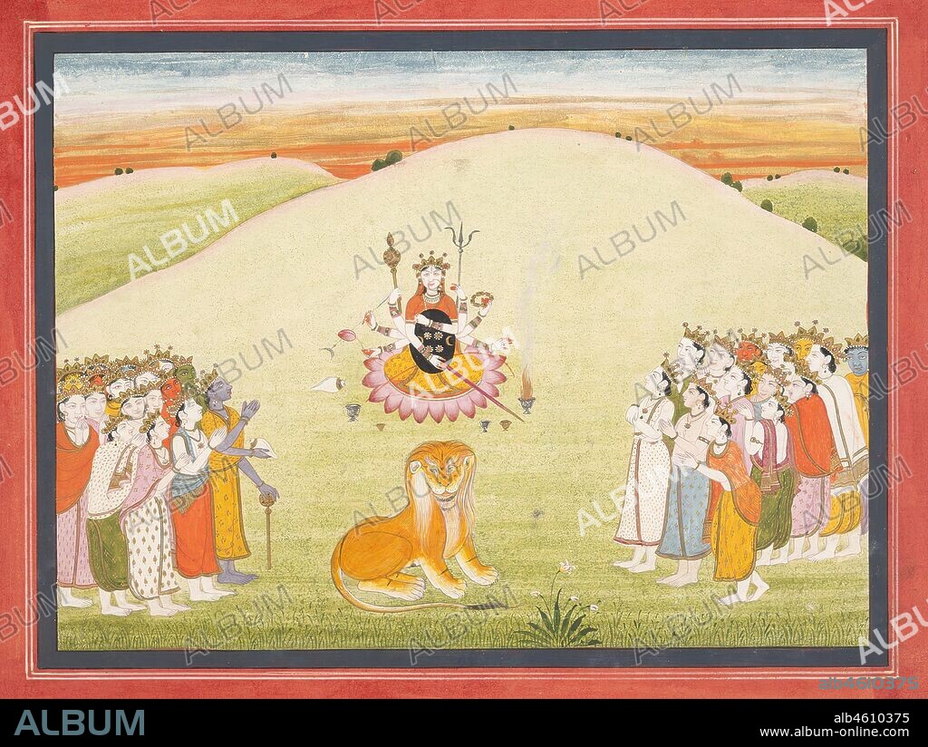 The Creation of Durga: Page from a Dispersed Markandeya Purana: (Stories of the Sage Markandeya), ca. 1810-20. Durga was created by the gods to vanquish the demon Mahish. Each of the gods gave Durga a weapon. Here, she sits on a lotus floating above her lion vehicle.