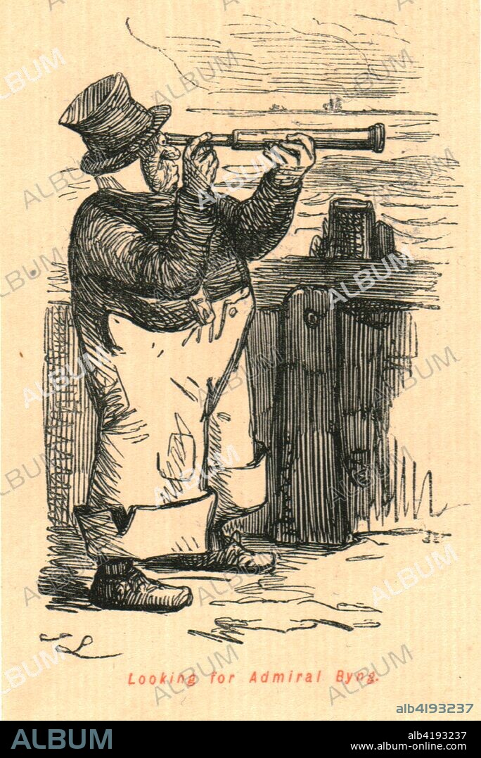 'Looking for Admiral Byng', 1897. British admiral John John Byng (1704-1757) was shot on board the Monarque, at Spithead, for Misbehaviour before the French Fleet in the Mediterranean. He was court-martialled and executed for failing to do his utmost during the Battle of Minorca. From "The Comic History of England" by Gilbert Abbott A Beckett, with satirical illustrations by John Leech. [Bradbury, Agnew & Co, London, 1897].