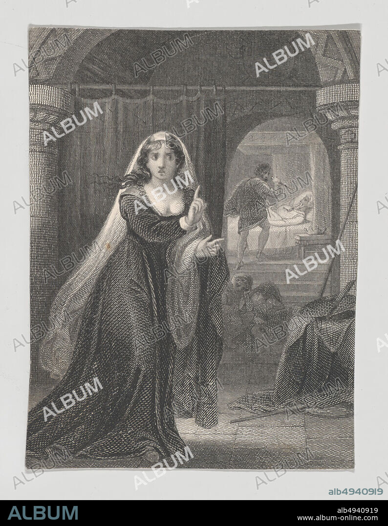 Charles Rolls, Lady Macbeth, Macbeth and the Murder of Duncan (Shakespeare, Macbeth, Act II, Scene II), Charles Rolls (British, 18001857), After Henry Corbould (British, London 17871844 Robertsbridge, East Sussex), William Shakespeare (British, Stratford-upon-Avon 15641616 Stratford-upon-Avon), 182540, Etching and engraving, Sheet: 3 7/16 × 2 9/16 in. (8.8 × 6.5 cm), Prints.