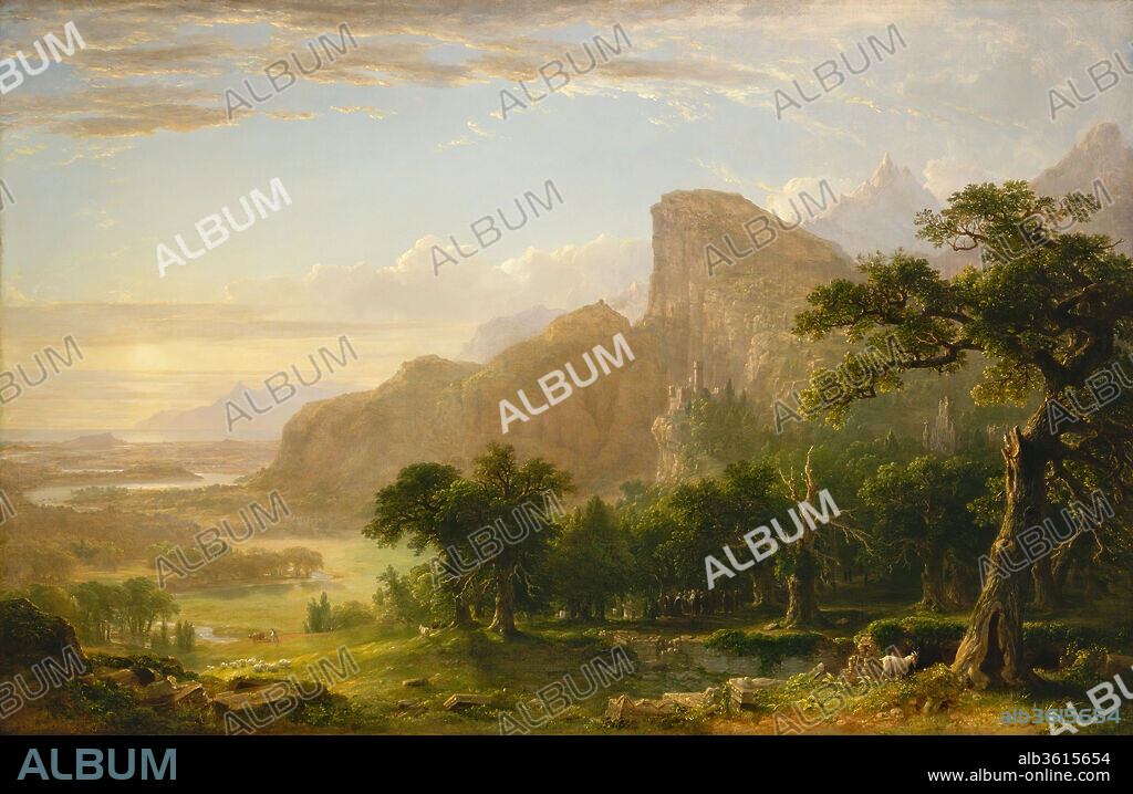 Landscape--Scene from "Thanatopsis". Artist: Asher Brown Durand (American, Jefferson, New Jersey 1796-1886 Maplewood, New Jersey). Dimensions: 39 1/2 x 61 in. (100.3 x 154.9 cm). Date: 1850.
Inspired by William Cullen Bryant's poem "Thanatopsis," this landscape  was first exhibited at the National Academy of Design in 1850. The  catalogue noted lines from Bryant's poem. After the exhibition, the  picture was acquired by the American Art-Union and distributed in the  same year to one of its subscribers. Durand's son noted that after  this his father got the picture back, repainted parts of it, and sold  it to Mr. B.F. Gardner. Durand briefly resumed painting large  philosophical landscapes after the death of Thomas Cole, using his  works as models. The presence of a funeral, of a farmer's daily work,  and of the ruins of man in ancient nature reflects the poem's emphasis  on the permanence of the earth and the creation and reversion of man  from and to its soils.