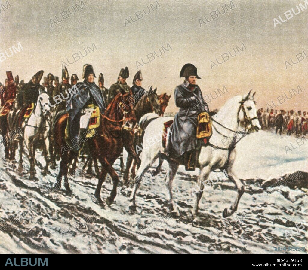 Napoleon's retreat to the Berezina, 1812, (1936). 'Napoleons Rückzug An Der Beresina, 1812'. French emperor Napoleon Bonaparte (1769-1821) riding a white horse at the head of his army, retreating towards Soissons after the defeat at the battle of Laon in northern France, (not retreating to the River Berezina). After 'Campagne de France, 1814', painting made in 1864 by Ernest Meissonier, in the Musée d'Orsay, Paris. From "Bilder Deutscher Geschichte", (Pictures of German History), No.12, cigarette card album. [Cigaretten-Bilderdienst, Altona-Bahrenfeld, Hamburg, Germany, 1936].