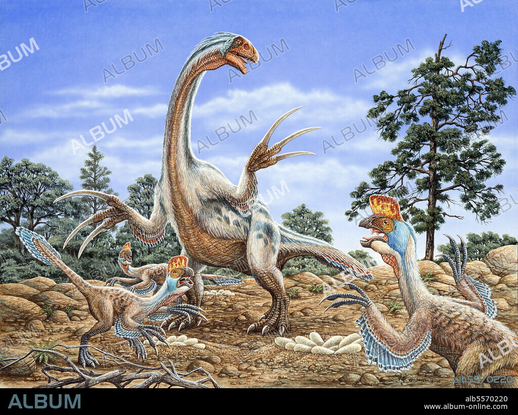 Therizinosaurus defends its nest from a group of Oviraptors.
