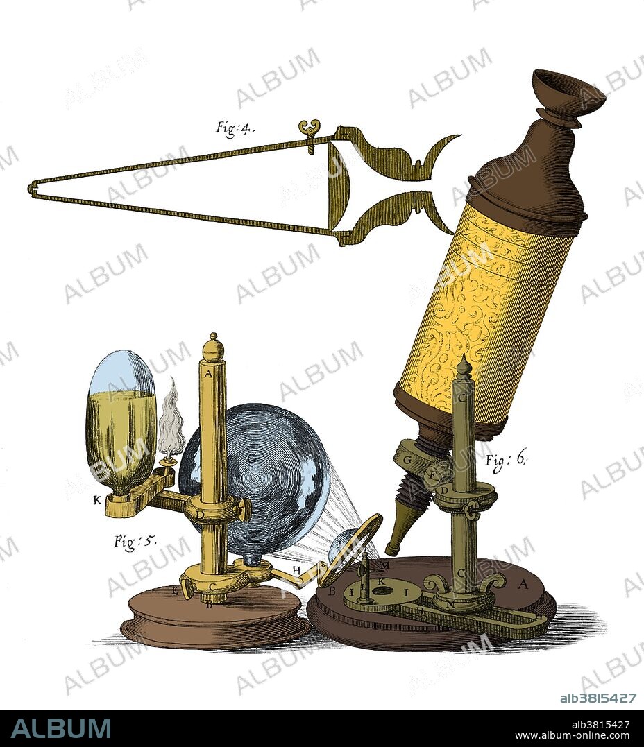 The hand-crafted, leather and gold-tooled microscope Robert Hooke used to make the observations for Micrographia (1665), was originally constructed by Christopher White in London. The microscope shared several common features with telescopes of the period: an eyecup to maintain the correct distance between the eye and eyepiece, separate draw tubes for focusing, and a ball and socket joint for inclining the body. The microscope body tube was constructed of wood and/or pasteboard and covered with fine leather. When the draw tubes were fully closed the microscope measured six inches long. Hooke used a bi-convex objective lens placed in the snout and two additional lenses, an eyepiece lens and a field lens. To combat dark specimen images, Hooke designed a method of concentrating light on his specimens. He passed light generated from an oil lamp through a water-filled glass flask to diffuse the light and provide a more even and intense illumination for the samples.