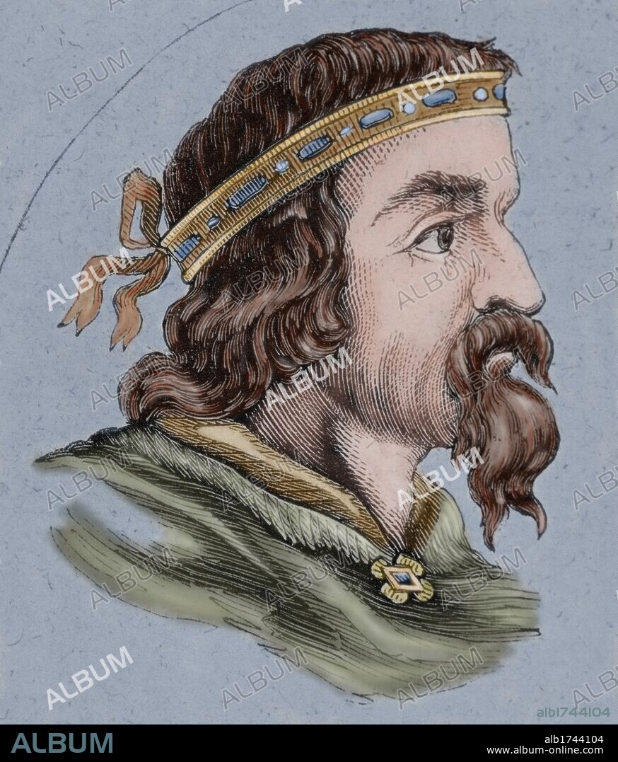 EGICA. Rey visigodo (687 a 700). Un día antes de morir, Ervigio nombró rey a su yerno Egica. Grabado coloreado.