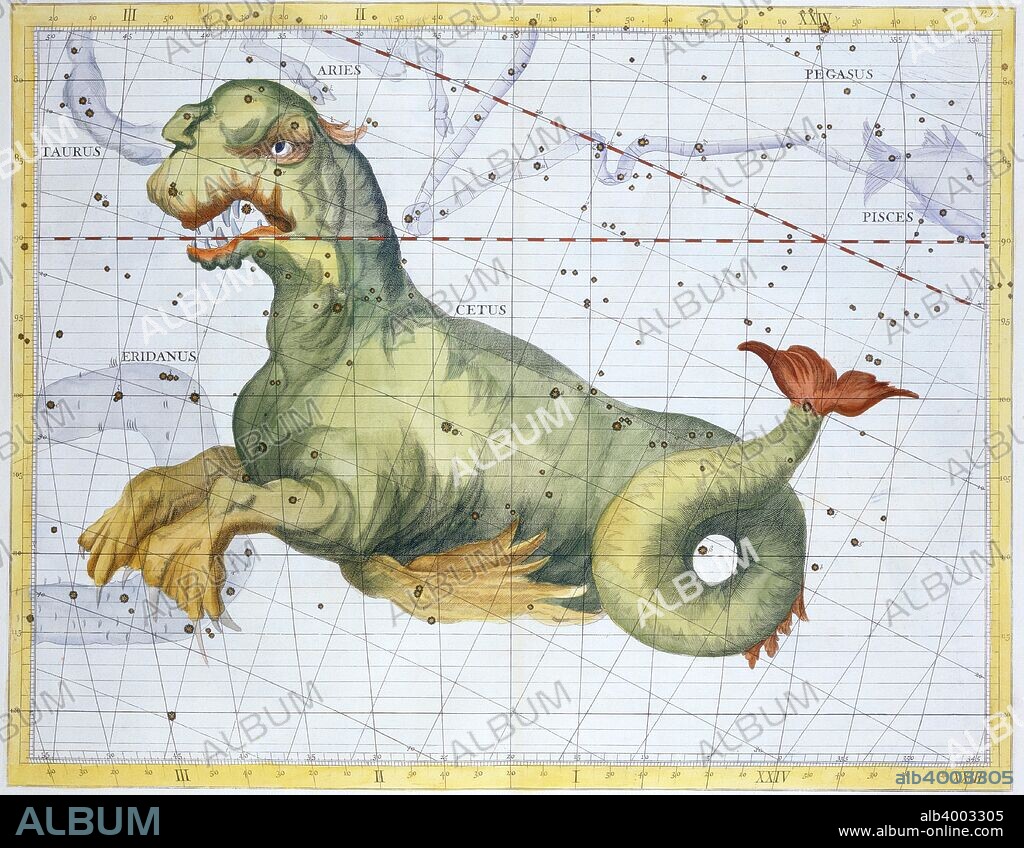 Constellation of Cetus (the whale), 1729. From Atlas Coelestis, by John Flamsteed (1646-1710), the first Astronomer Royal.