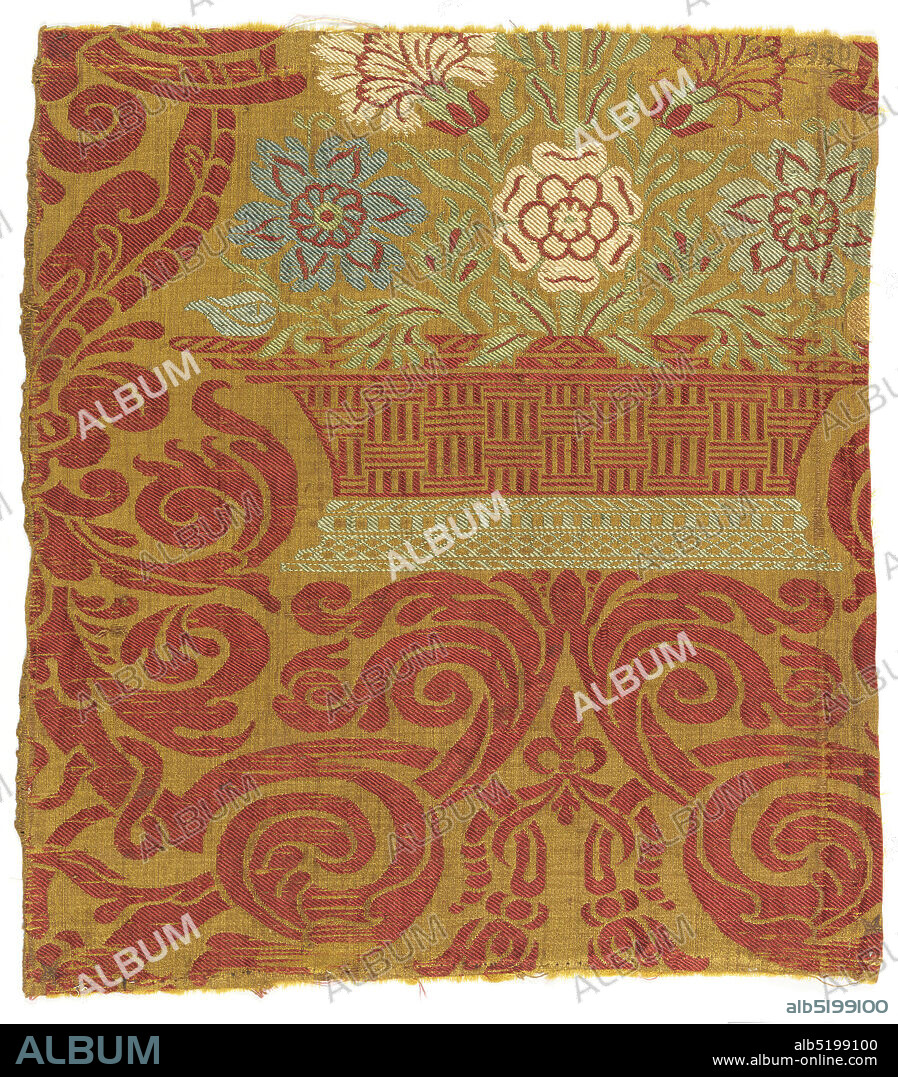 Fragment, Medium: silk Technique: satin weave with discontinuous supplementary weft patterning (brocade), Square textile fragment. Green plain weave with discontinuous supplementary weft patterning (brocade) in rust, green, cream and blue. Design shows basket of flowers with diaper pattern. Below and to the left, a scrolling pattern. Five-harness satin patterned by one and two extra wefts and brocaded supplementary wefts bound by an extra warp in 3/1 twill. Selvage at one edge intact., possibly France, possibly Italy, late 17thmid- 18th century, woven textiles, Fragment.