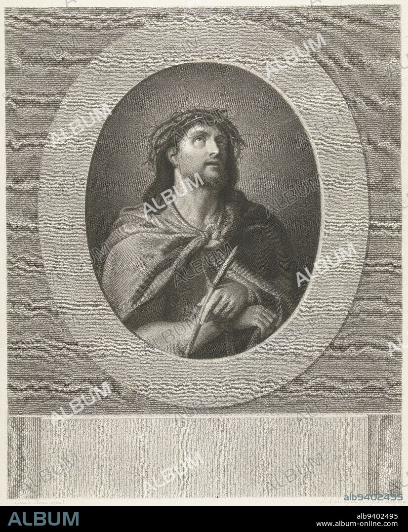 Christ handcuffed and with crown of thorns, print maker: Lambertus Antonius Claessens, (mentioned on object), after: Guido Reni, (mentioned on object), Paris, 1809, paper, etching, engraving, h 465 mm × w 385 mm.