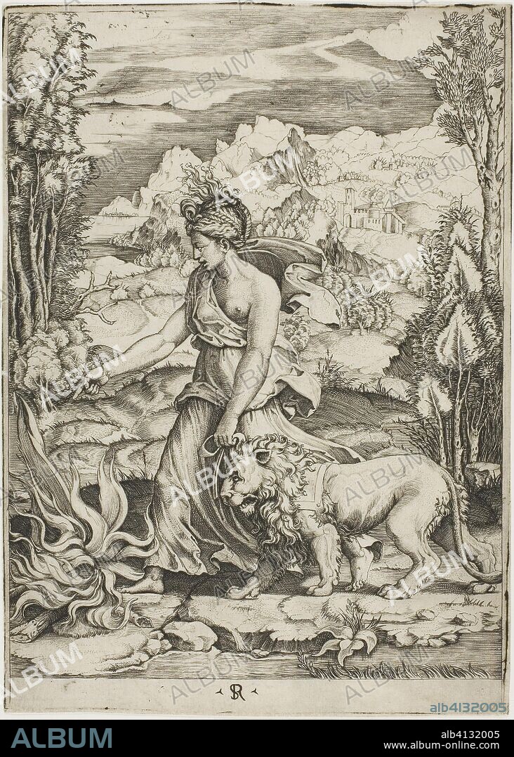 Courage. Marco Dente da Ravenna (Italian, active 1515-1527); after Giulio Pippi, called Giulio Romano (Italian, c. 1499-1546). Date: 1511-1526. Dimensions: 261.5 x 187 mm. Engraving, printed in black, on paper. Origin: Italy.