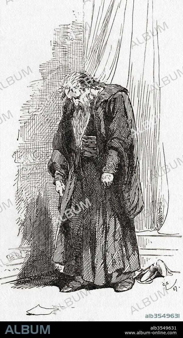 A scene from William Shakespeare's play Merchant of Venice, Act IV, scene 1. Shylock: "I pray you, give me leave to go from hence. I am not well." Illustration by Gordon Browne. From The Works of William Shakespeare, published 1896.