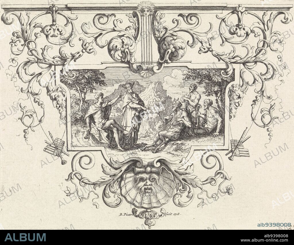 Judgment of Midas, Bernard Picart, 1718, King Midas designates Pan as the winner in the musical contest between Pan and Apollo. The Apollo seated on the left gives Midas donkey ears for punishment. The scene is framed in an ornamental frame., print maker: Bernard Picart, (mentioned on object), Amsterdam, 1718, paper, etching, engraving, h 102 mm × w 131 mm.