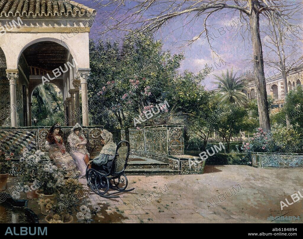 MANUEL GARCIA Y RODRIGUEZ (1855-1925). TERTULIA EN LOS JARDINES DEL ALCAZAR - 1905 - COSTUMBRISMO ESPAÑOL.