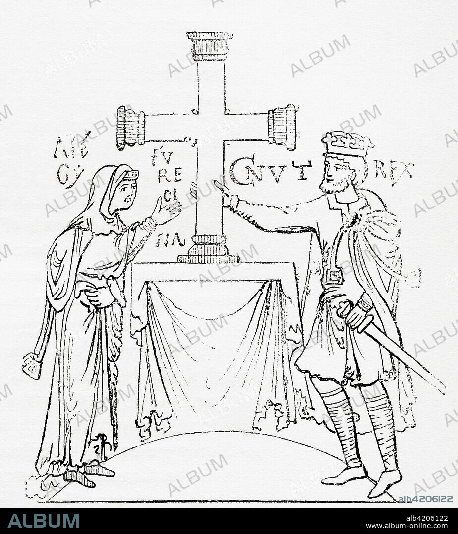 Cnut the Great and his queen Aelfgifu of Northampton.  Cnut the Great, c. 995 - 1035, aka Canute.  King of Denmark, England and Norway.  Aelfgifu of Northampton,c. 990 - after 1036.  First wife of King Cnut of England and Denmark, mother of King Harold I of England and Queen regent of Norway from 1030 to 1035.  From Old England: A Pictorial Museum, published 1847.