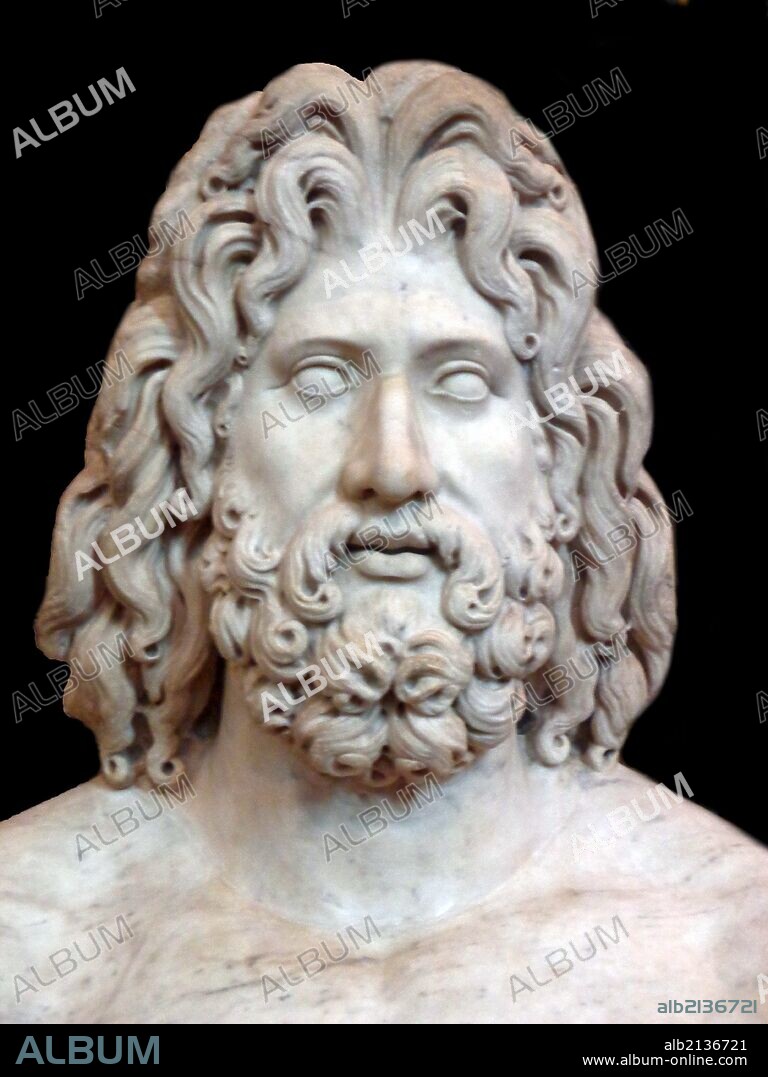 Colossal marble sculpture of the head of Zeus. From Tivoli, found in the villa of the Roman Emperor Hadrian. (Photo by: Universal History Archive/UIG via Getty Images).