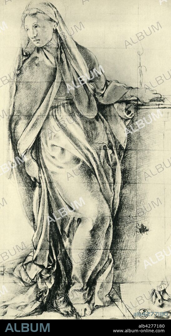 JACOPO PONTORMO. Sketch of the Virgin Mary for an Annunciation, mid-16th century, (1943). Drawing in the Uffizi Gallery, Florence. From "Europäische Handzeichnungen", (Five Hundred Years of European Drawings), by Bernhard Degenhart. [Atlantis-Verlag Berlin, Zürich, 1943].