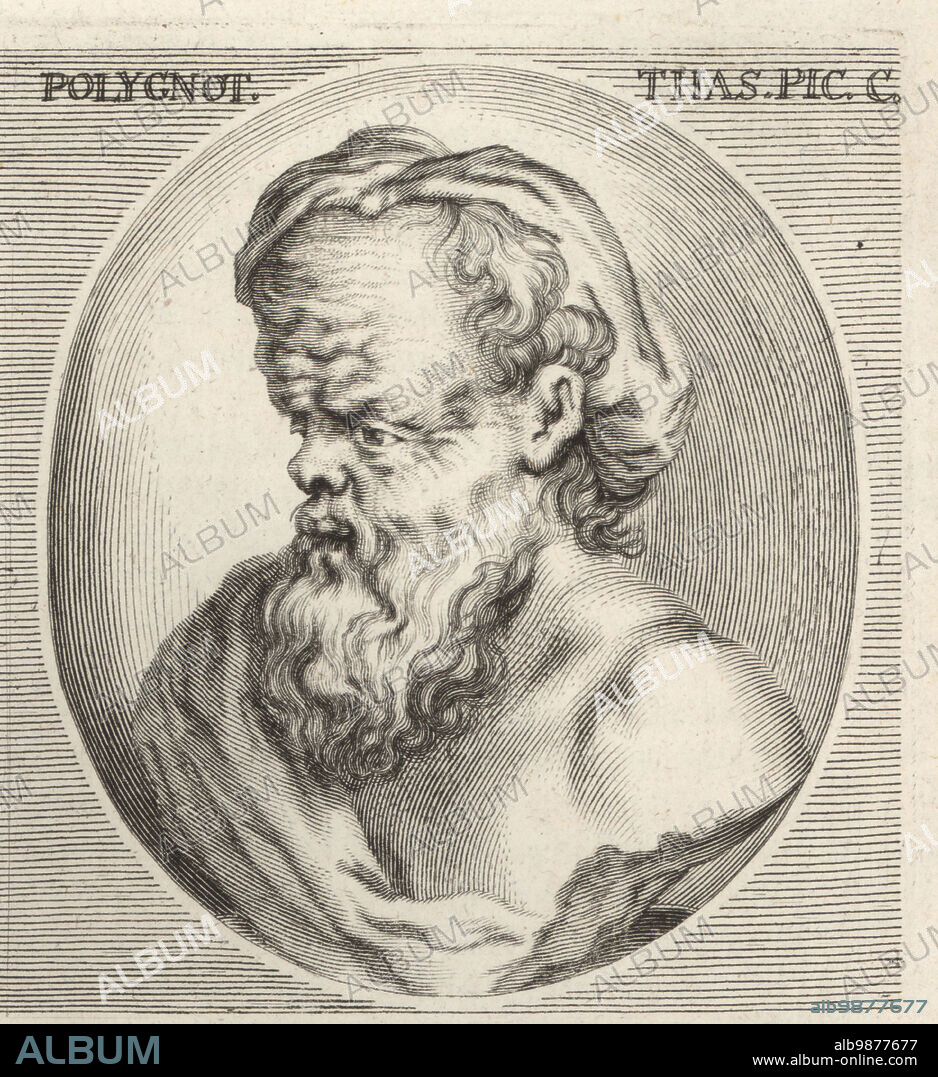 Polygnotus of Thasos, ancient Greek painter from Thasos, active in Athens, 5th century BC. Polygnot. Thas. Pic. Copperplate engraving by Richard Collin after an illustration by Joachim von Sandrart from his LAcademia Todesca, della Architectura, Scultura & Pittura, oder Teutsche Academie, der Edlen Bau- Bild- und Mahlerey-Kunste, German Academy of Architecture, Sculpture and Painting, Jacob von Sandrart, Nuremberg, 1675.