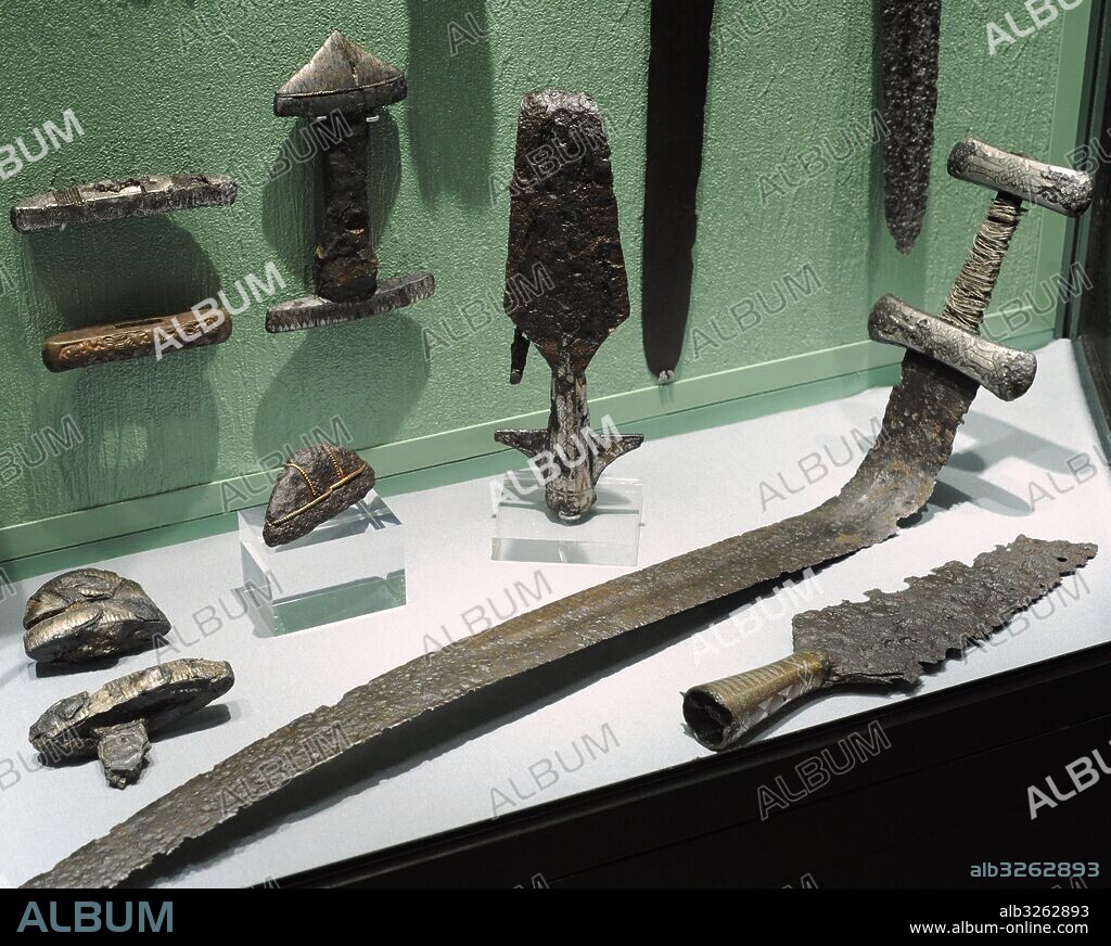 Scandinavia. Weapons. Spear, Ullensaker k., Akershus, 10th century. Sword, Loten k., Hedmark, 10th century. Spear, Nesna k., Nordland, 10th-11th century. Historical Museum. Oslo. Norway.