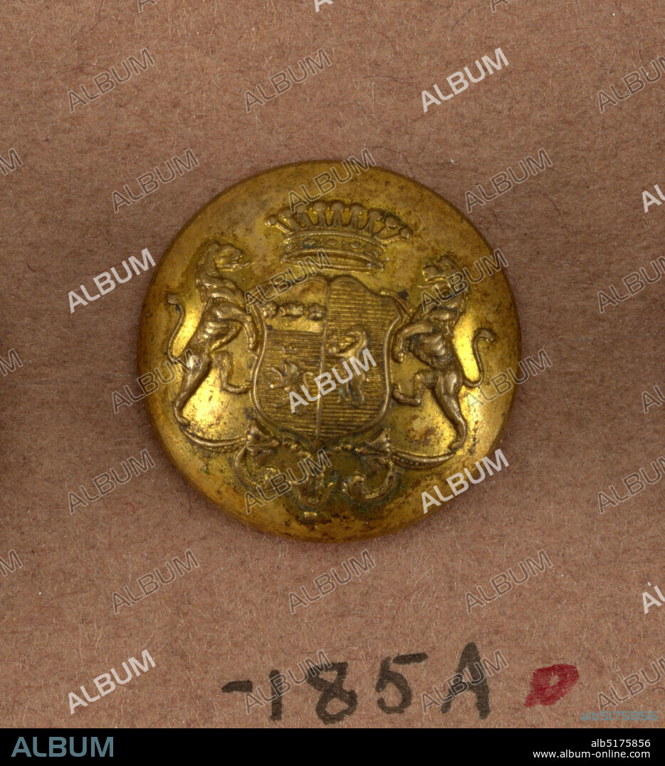 Button, Brass, gold plated, Convex button with ornament showing heraldic devices on a shield, lion supporters, crown above and leaf ornament below. Back and shank of brass. On reverse, 'Superfins Paris E.B.', On card i80, France, 19th century, costume & accessories, Decorative Arts, Button.